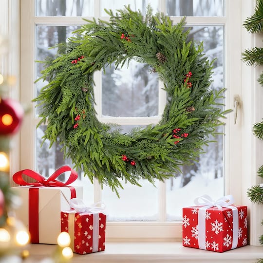 Glitzhome® 30" Oversized Christmas PE Wreath with Pinecones and Red Berries